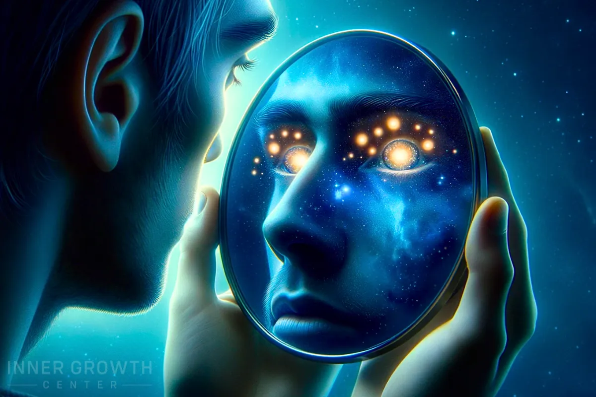 A man looks into a mirror and see's stars reflected as a starseed.