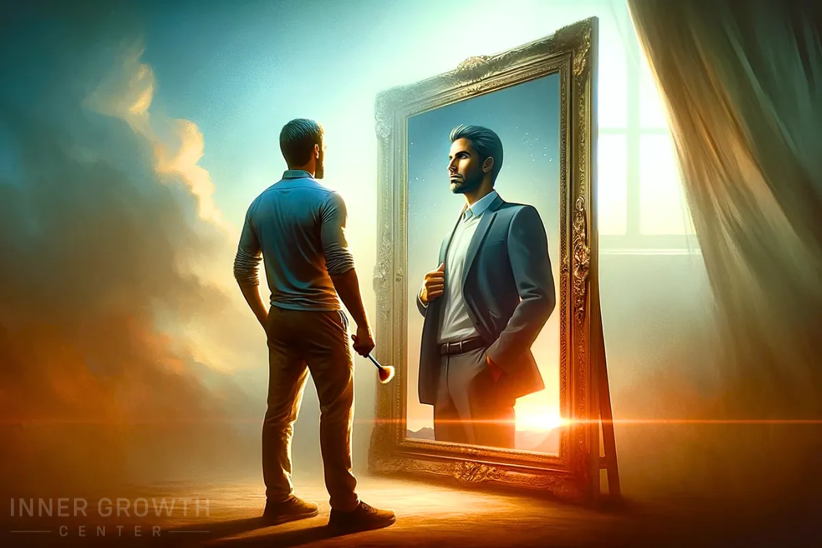 A man stares into a mirror reflecting a man who has personally developed.