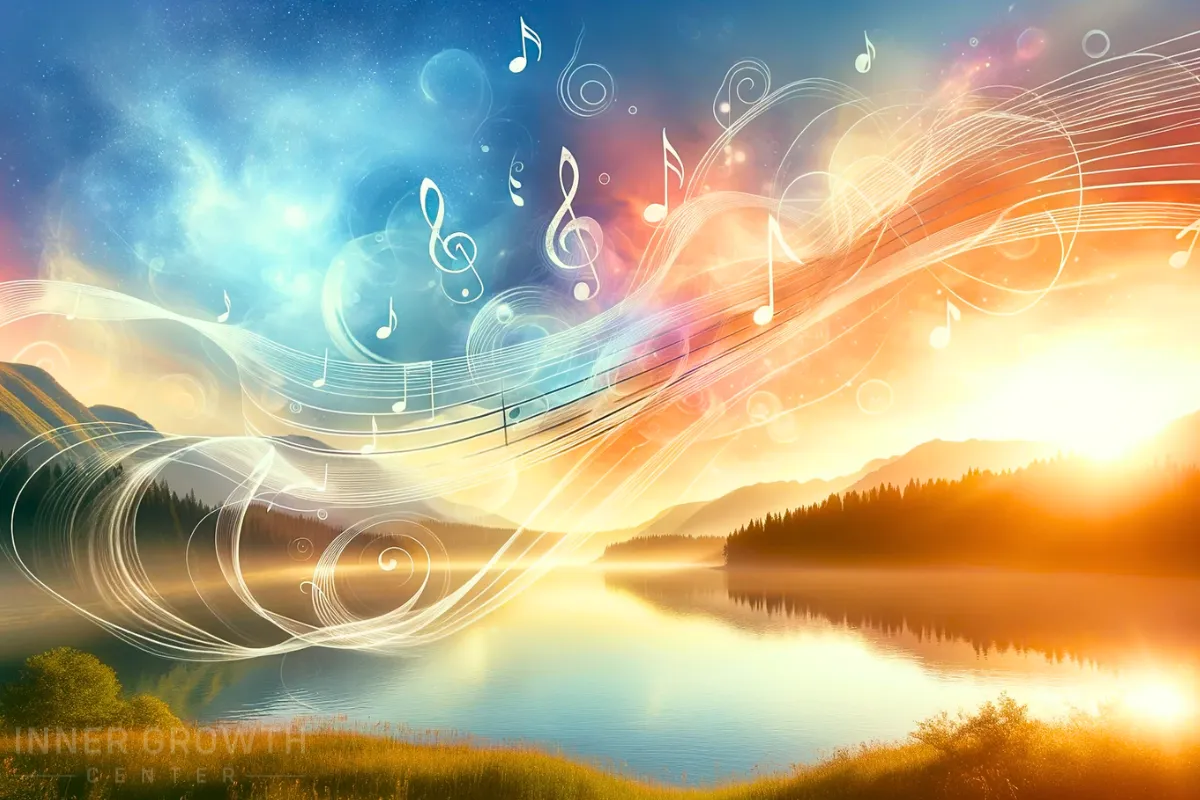 Rhythm shown as musical notes in beautiful landscape.