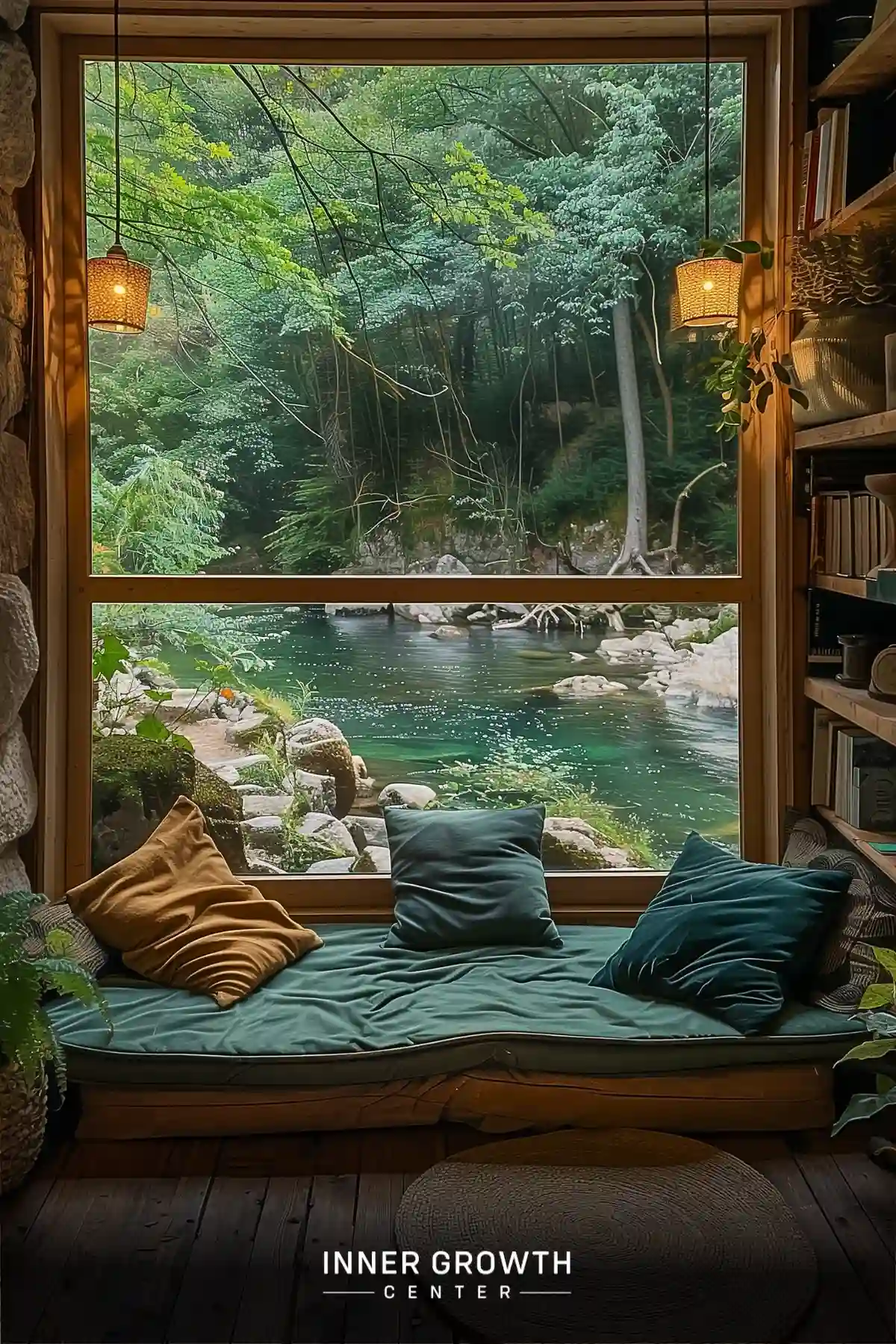 Cozy window seat overlooking a serene forest river, surrounded by bookshelves and plants.