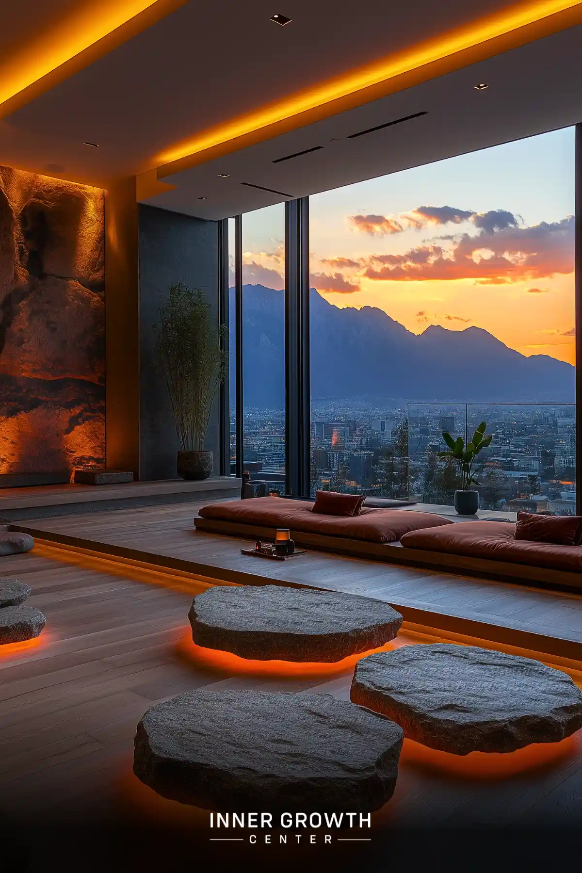 A modern meditation room with floor-to-ceiling windows overlooking a city skyline and mountains at sunset.