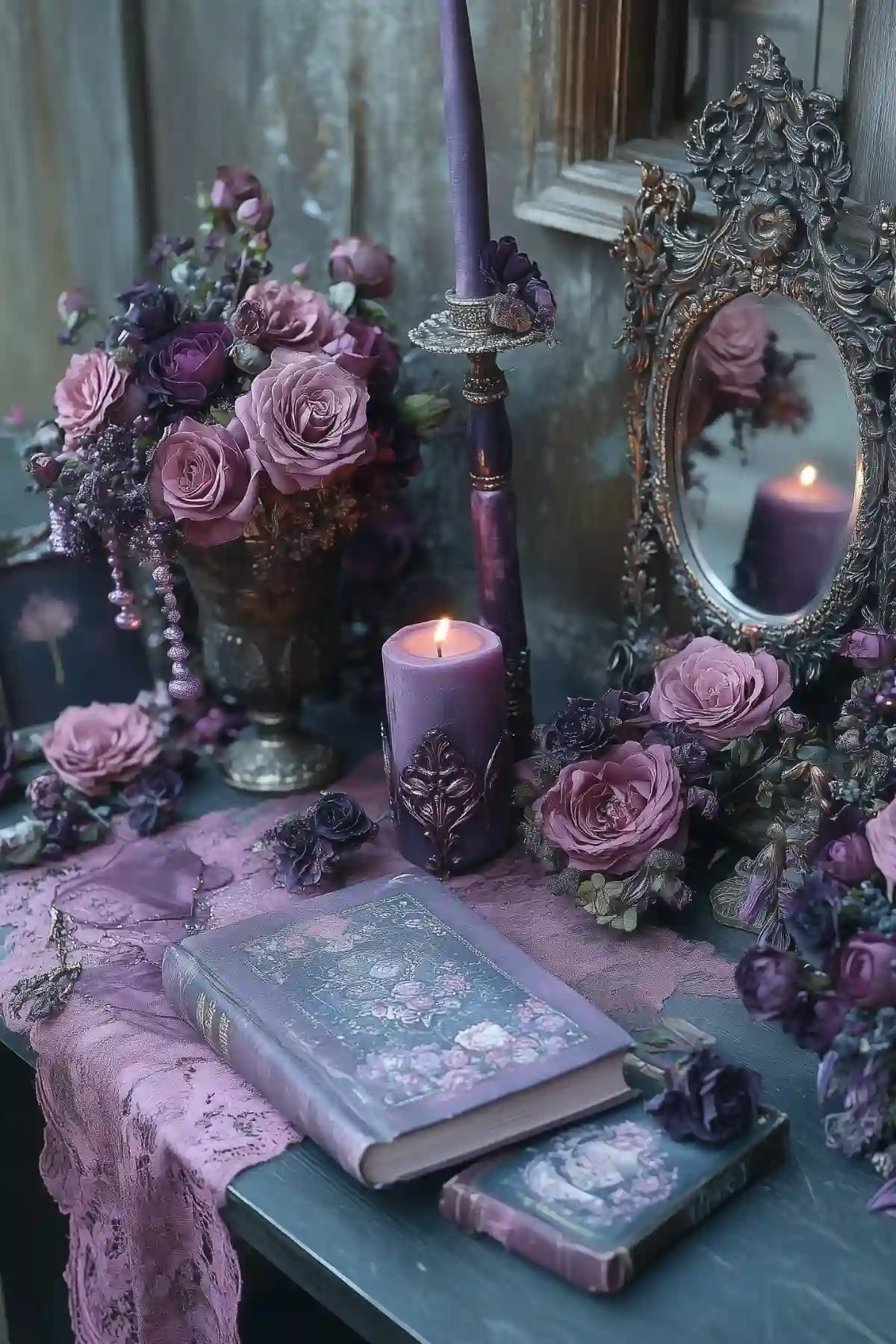 Lavish purple and pink roses surround ornate candles, vintage books, and an antique mirror on a lace-draped altar.