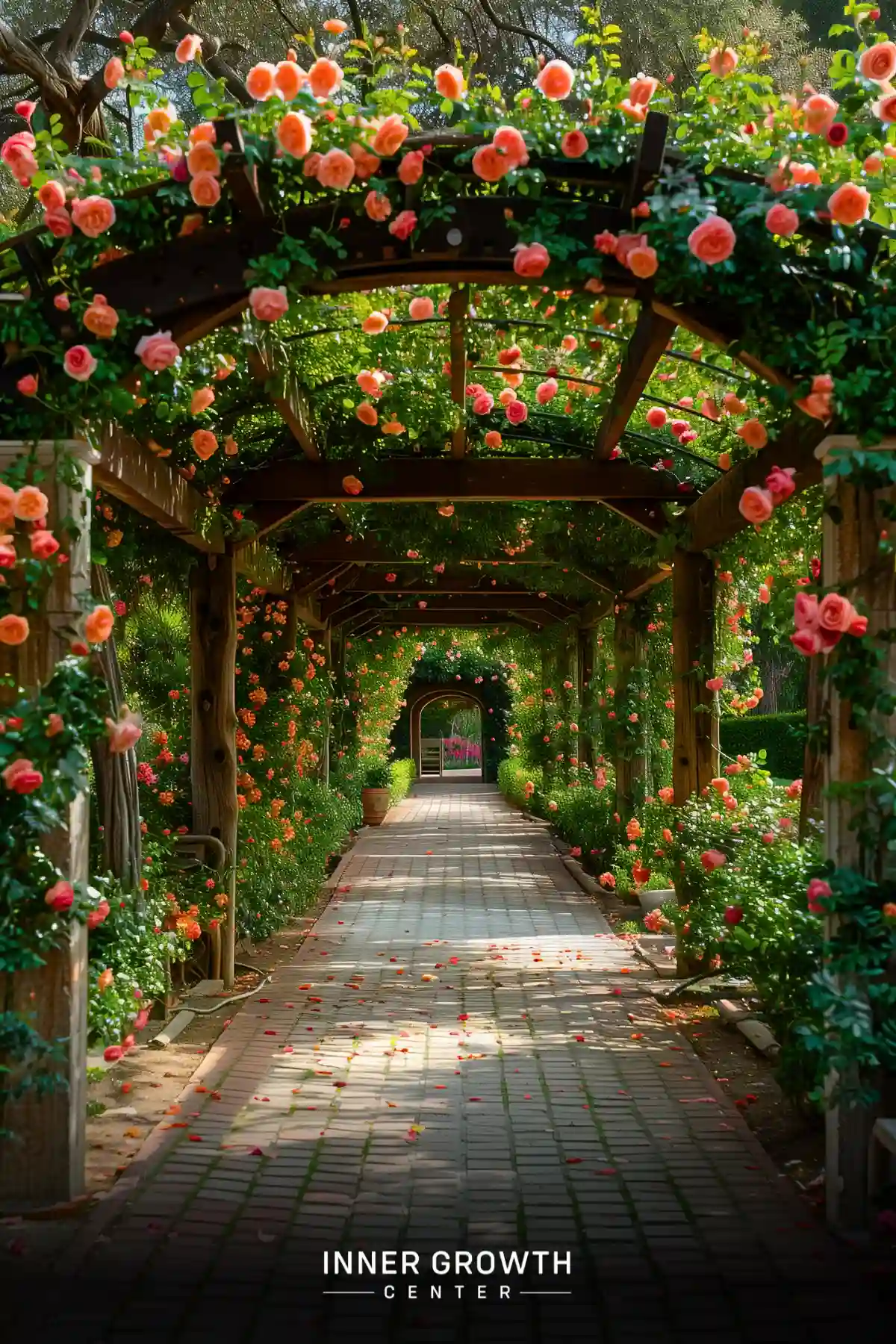 A lush garden walkway covered by an arched wooden pergola with climbing roses in full bloom.