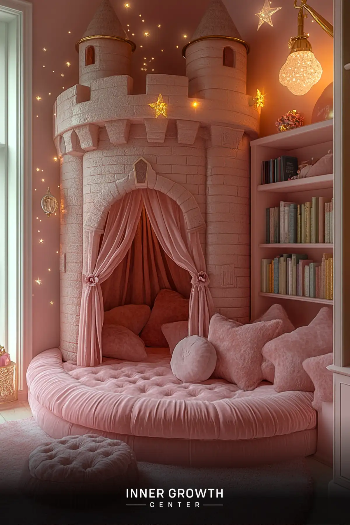 A child's reading nook featuring a built-in castle structure with turrets, surrounded by twinkling lights and pink cushions, with built-in bookshelves nearby