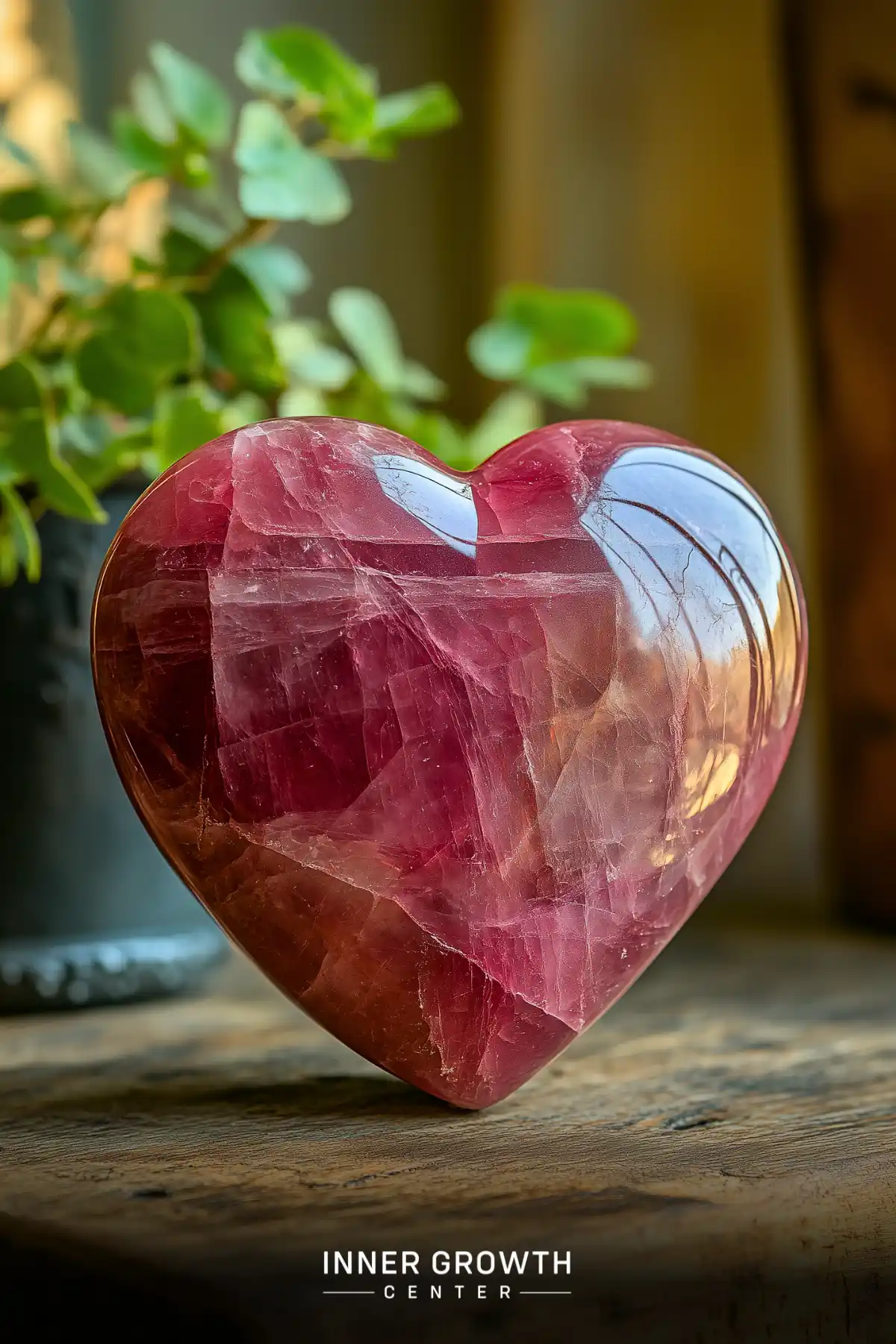 A polished deep pink rose quartz heart sits on a wooden surface with green plants in the background, displaying natural crystalline patterns.