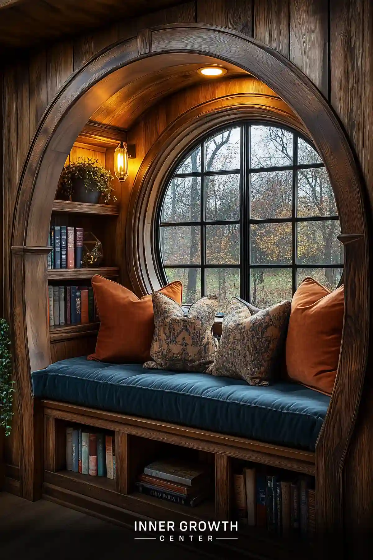 A cozy built-in window seat nestled within a wooden arched alcove features blue cushions, orange pillows, and integrated bookshelves beneath a large window overlooking autumn trees.