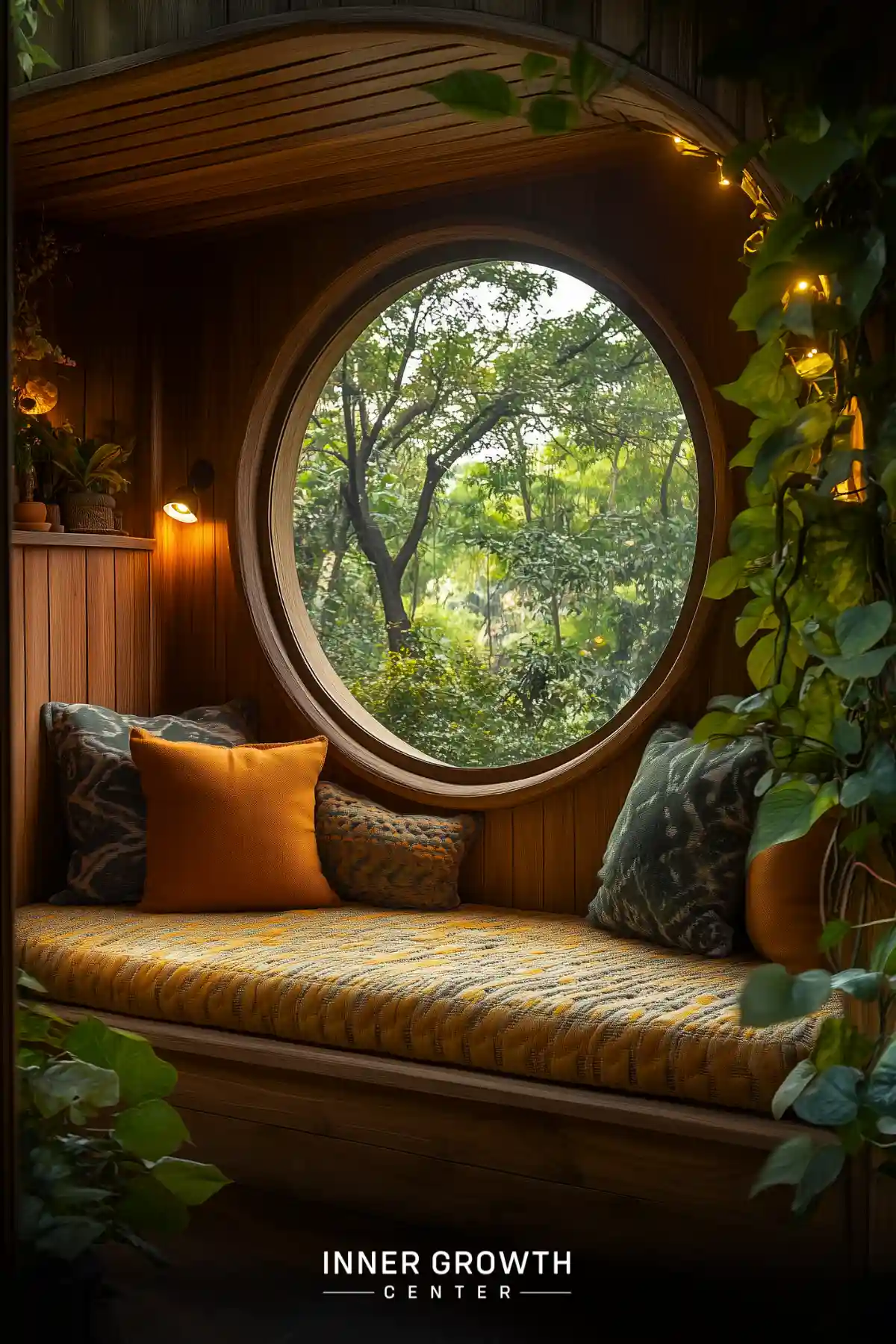 A built-in window seat with yellow striped cushions and trailing plants frames a circular window overlooking lush greenery