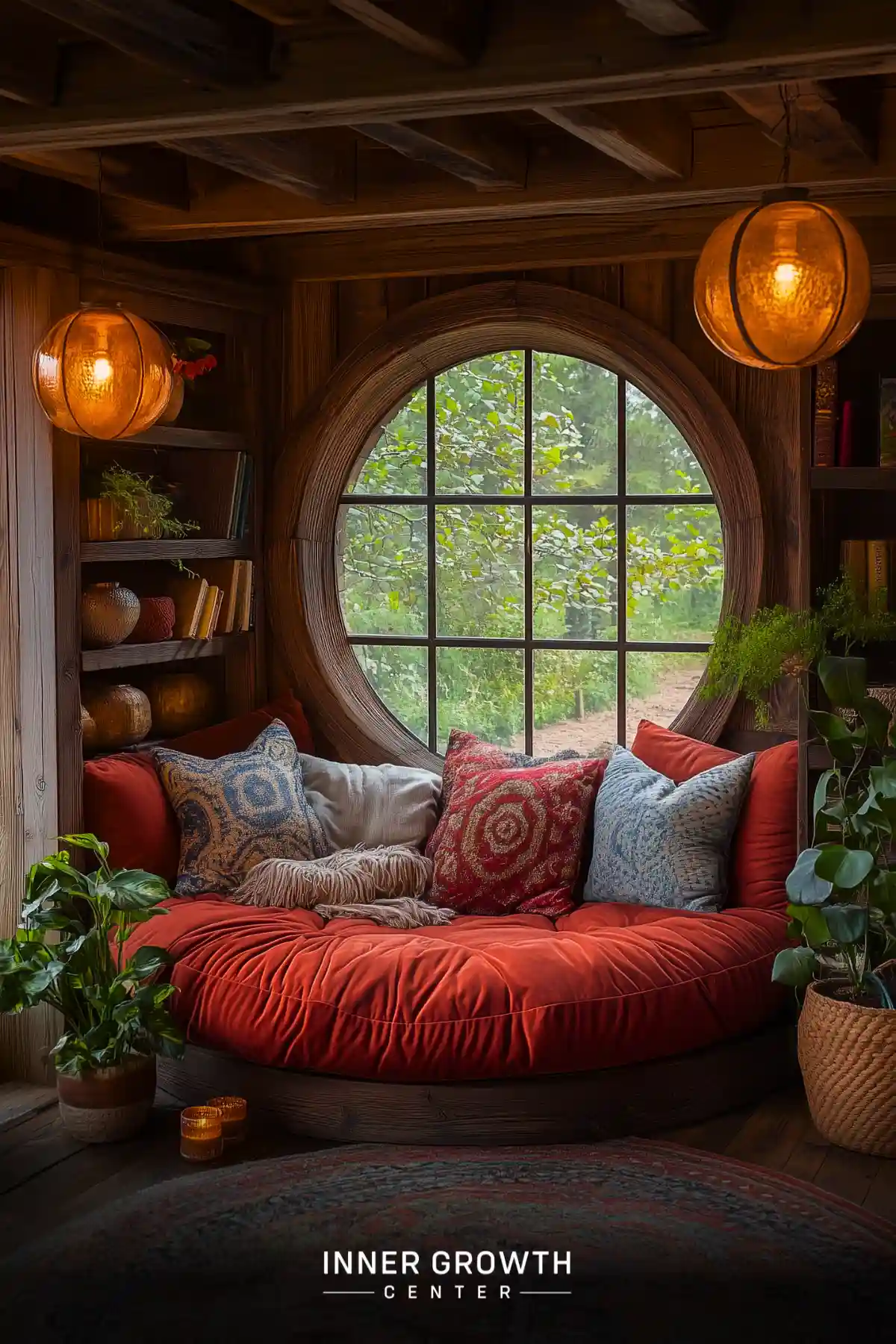 A cozy corner reading nook features a round window with gridded panes, deep red velvet cushioning, patterned pillows, and wooden walls adorned with sphere pendant lights.