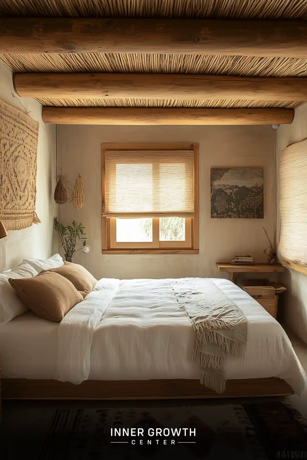 Cozy bedroom with wooden beam ceiling, white bedding, and natural textures in earth tones.