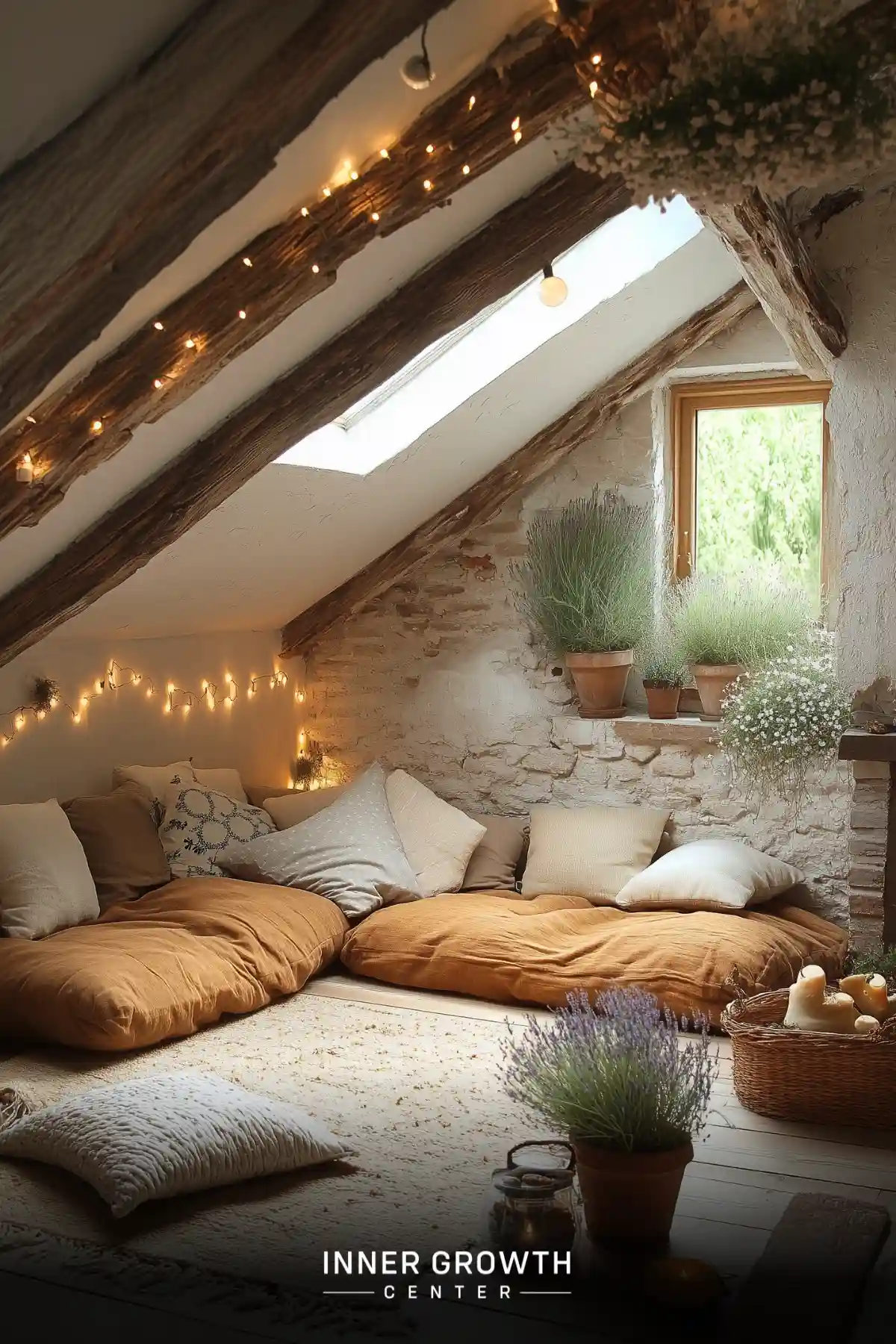 A cozy attic meditation space with string lights, floor cushions, and potted plants under a skylight.