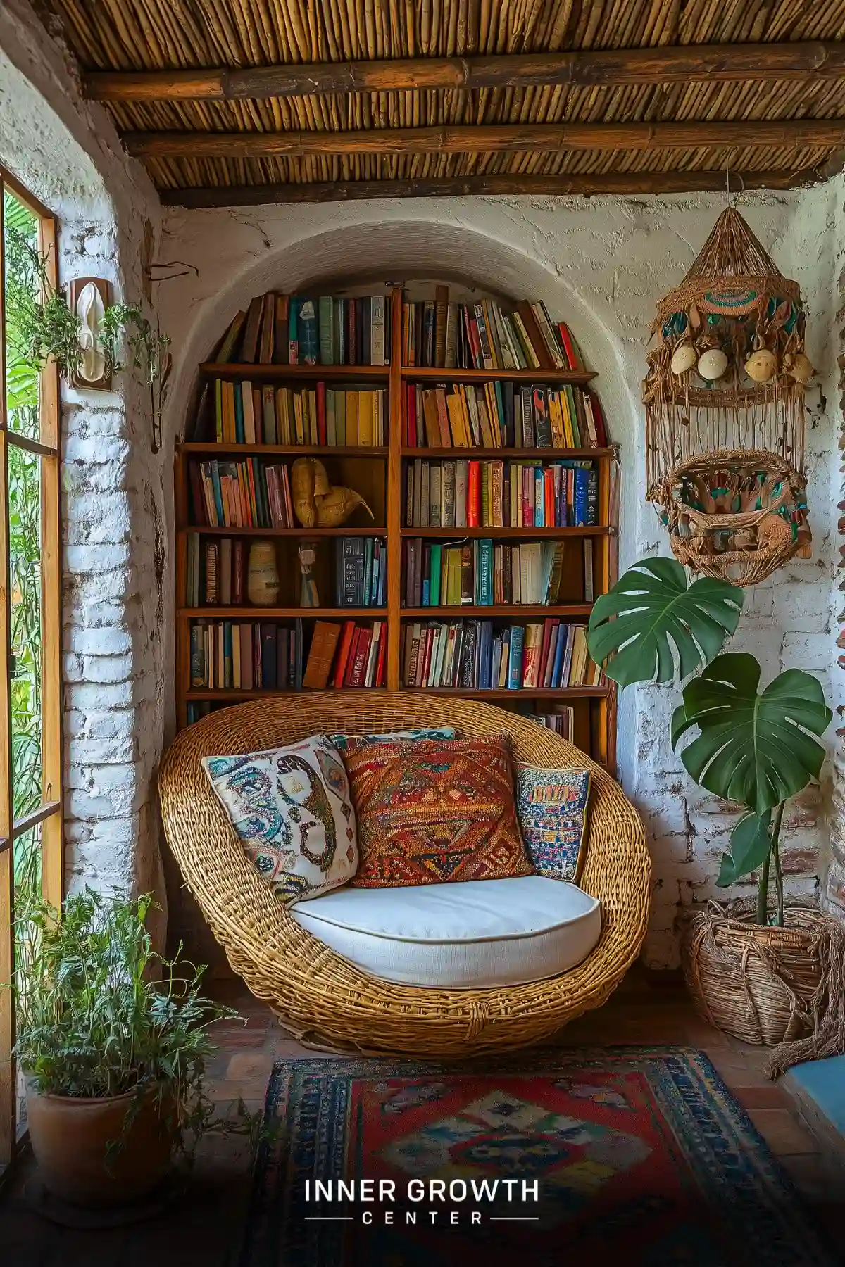 A cozy reading corner with a wicker chair, arched bookshelf, and tropical plants in a rustic setting.