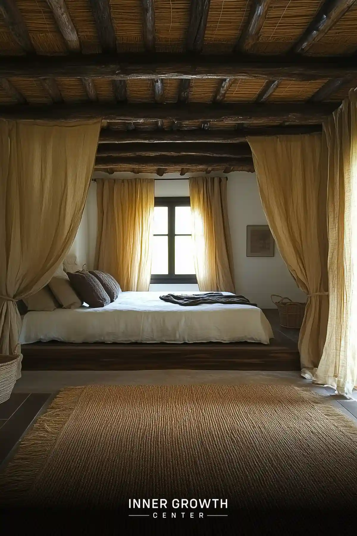 Bedroom with wooden beam ceiling, gauzy curtains, and platform bed in earthy tones.