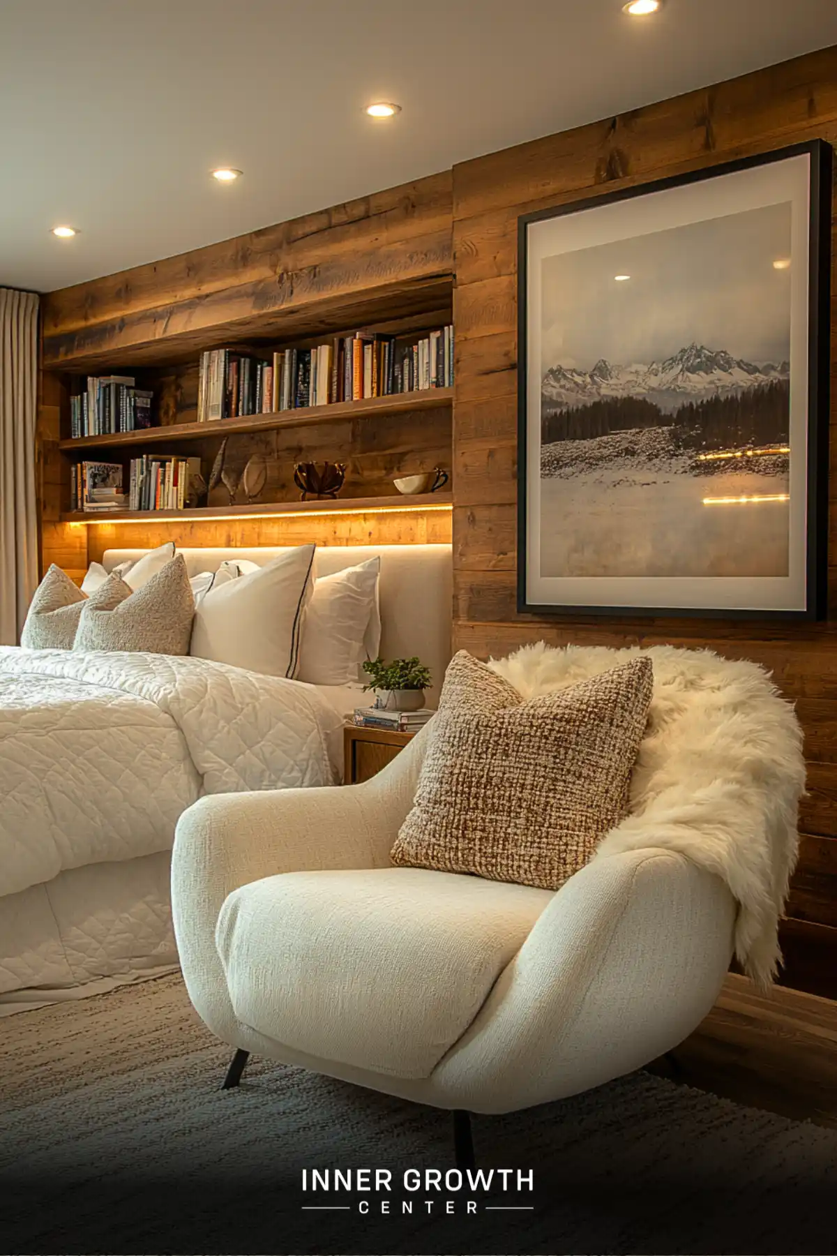 A curved white armchair with sheepskin throw and textured pillow sits beneath LED-lit barnwood shelving and mountain artwork in a cozy bedroom corner.