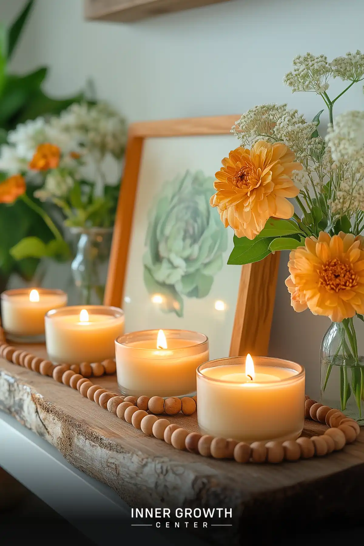 Wooden altar with lit candles, beaded garland, floral painting, and fresh orange flowers.