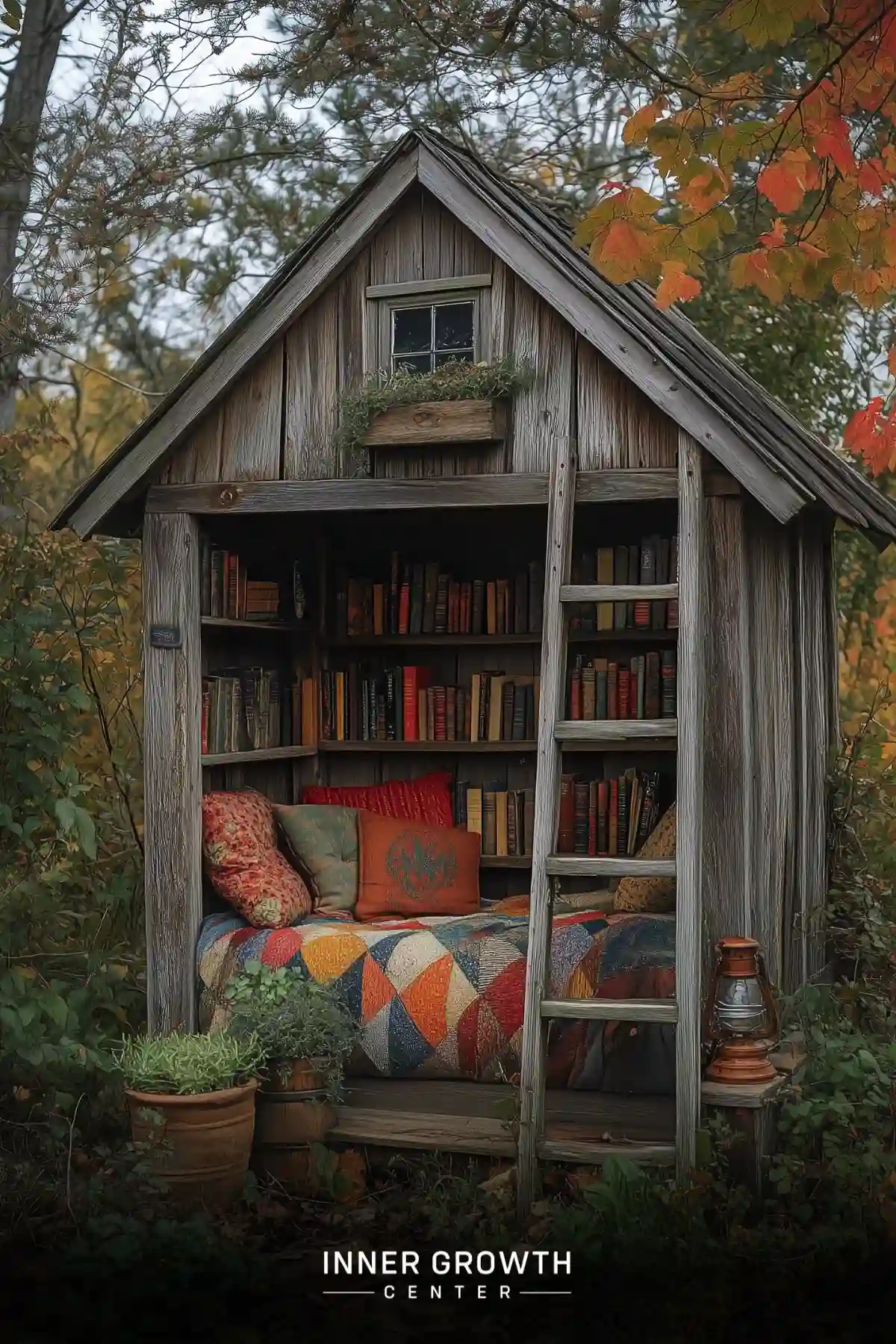 A cozy wooden shed filled with books and comfortable seating, nestled among autumn foliage.