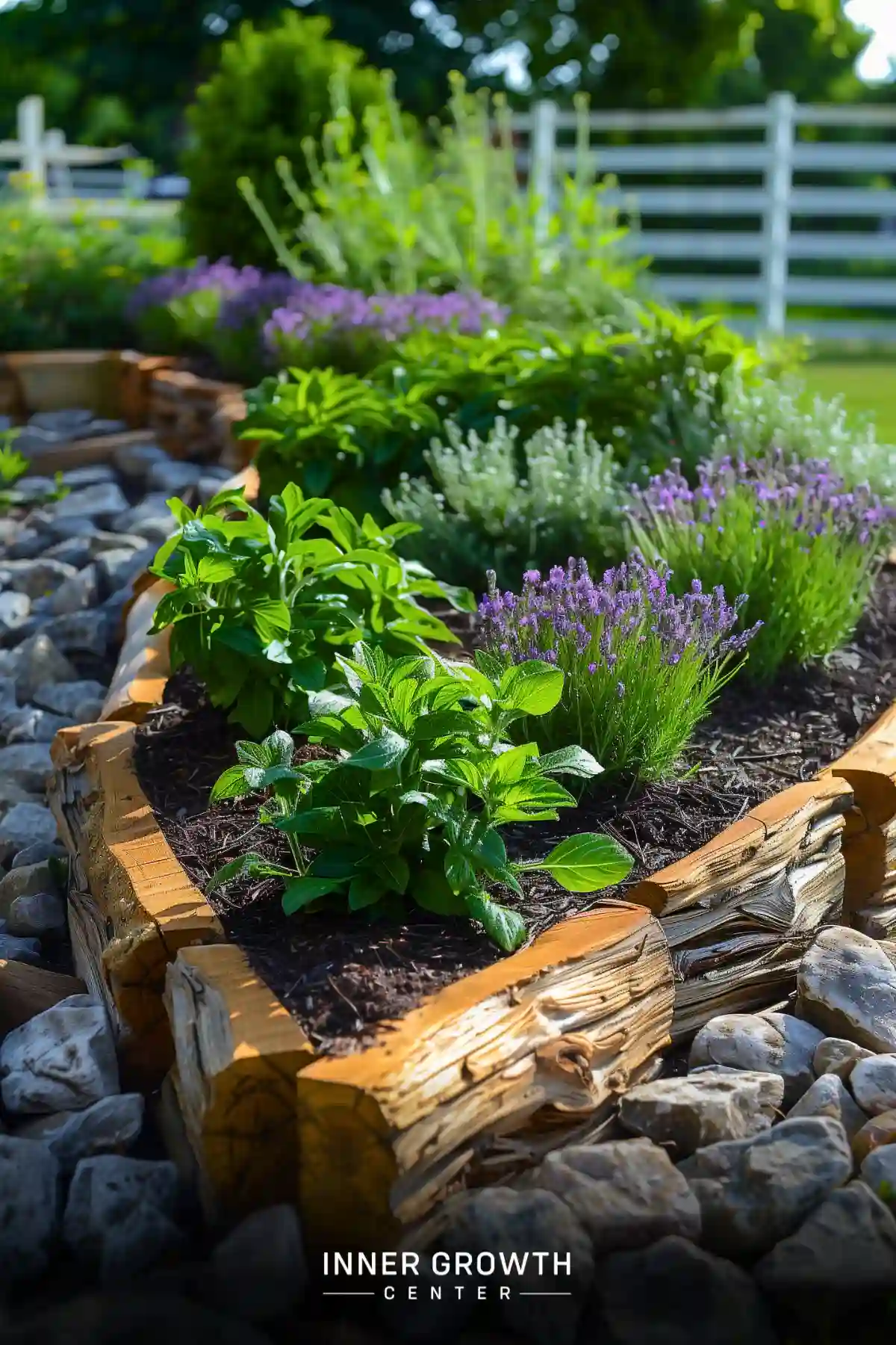 A wooden raised bed filled with herbs and lavender, surrounded by rocks in a lush garden setting.