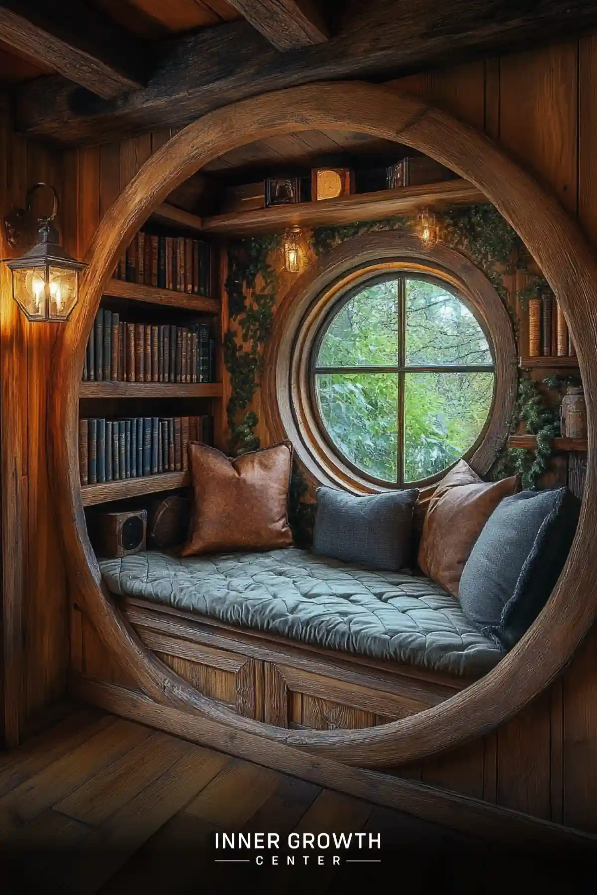 A circular wooden reading nook features vintage lantern lighting, climbing ivy, built-in bookshelves, and a tufted gray cushion with leather and charcoal pillows.