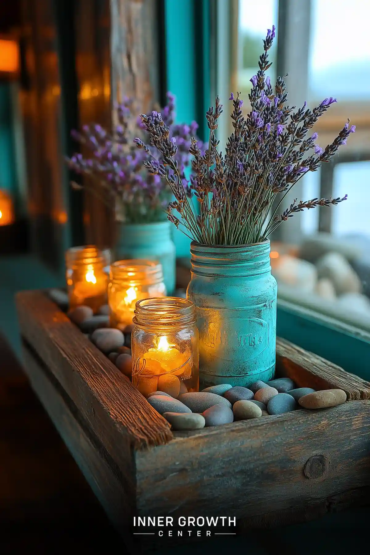 Wooden tray with painted mason jars holding lavender, lit candles, and smooth stones on a windowsill.