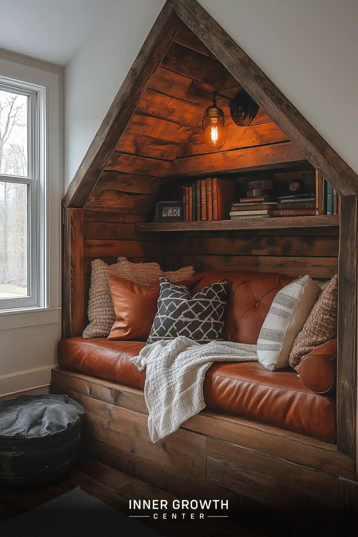 A cozy reading nook built into an attic alcove features dark wood paneling, leather seating, and vintage-style lighting