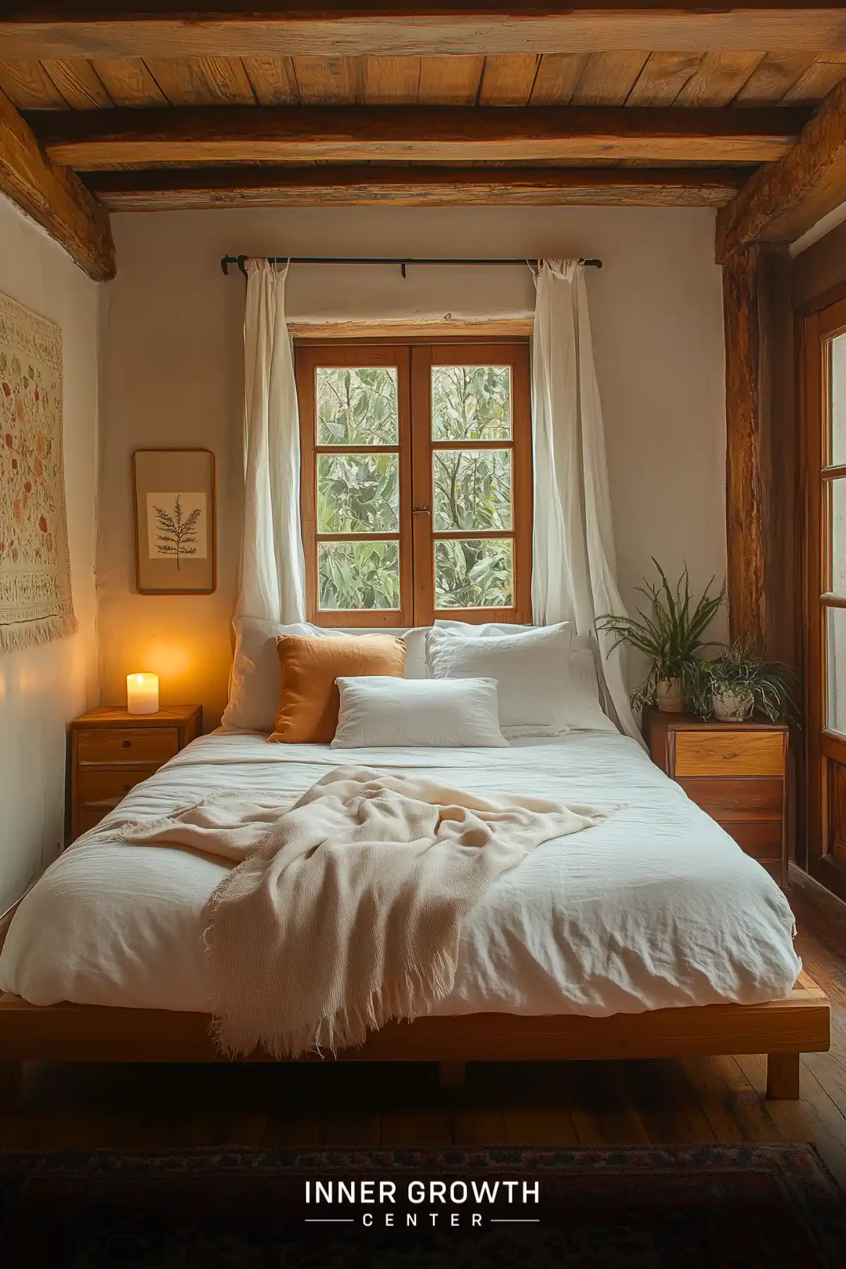 Cozy bedroom with wooden beams, white bedding, and windows overlooking greenery, creating a serene meditation space.