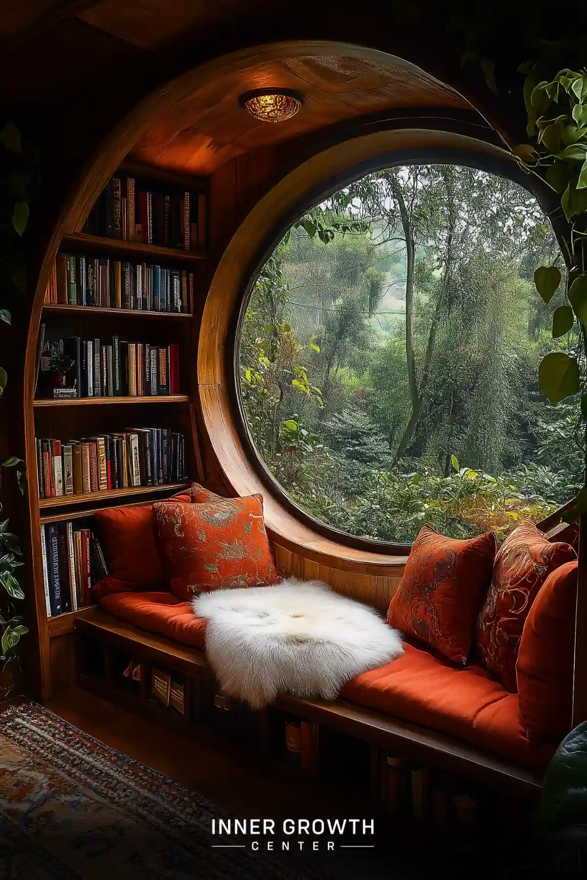 A cozy hobbit-style reading nook features a round window with forest views, built-in bookshelves, rust-colored cushions, and a white fur throw.