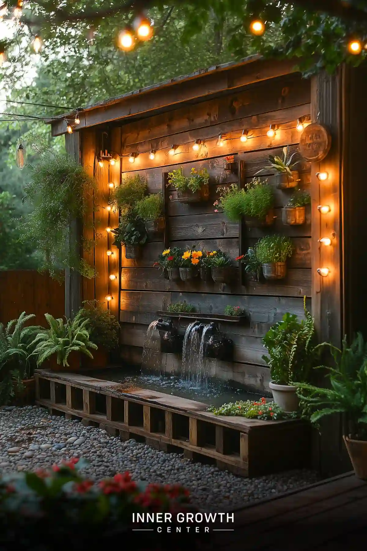 A cozy outdoor space with a wooden wall featuring hanging plants, string lights, and a small waterfall.