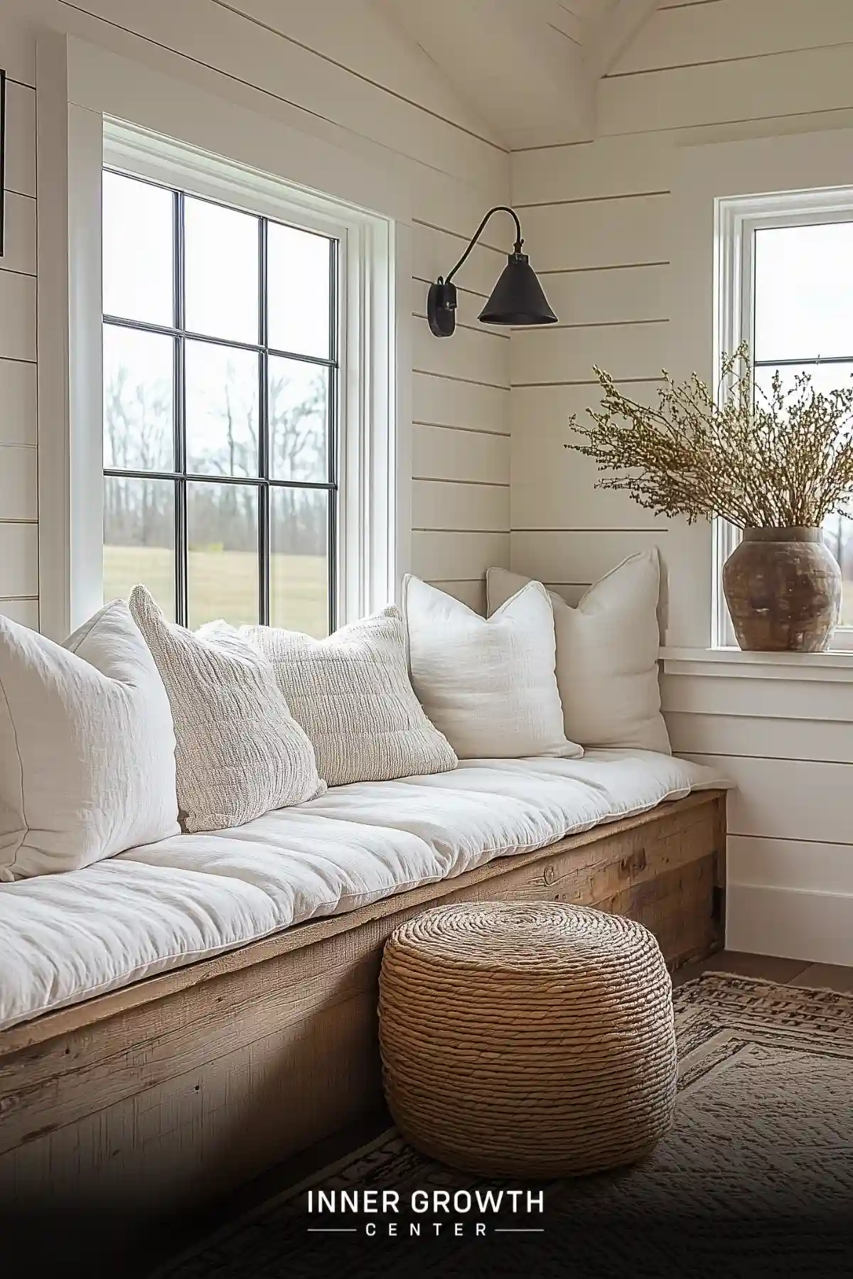 A built-in window seat with white cushions and natural wood base features a black sconce lamp and woven pouf beside dried flowers in an earthen vase.