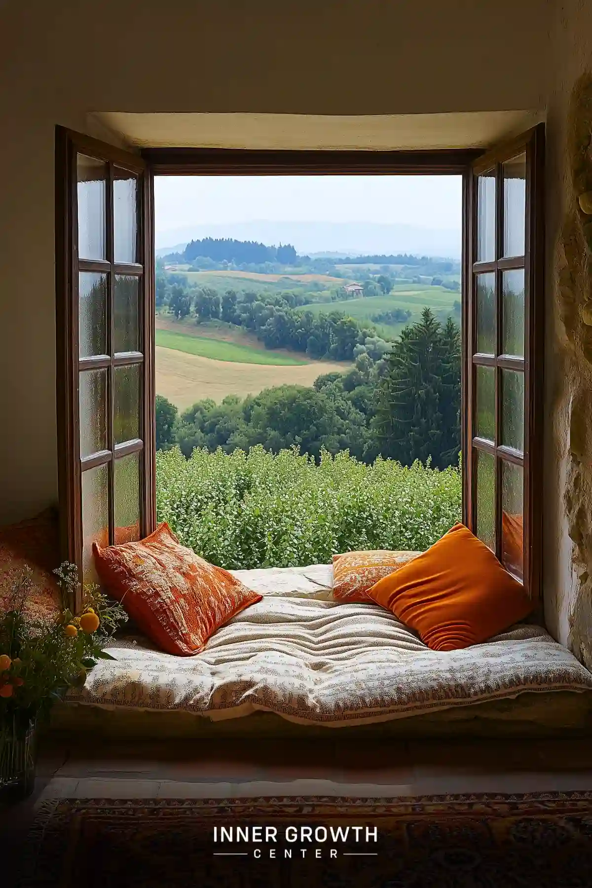 A cozy window seat with orange cushions overlooks rolling countryside hills and forests, creating a peaceful meditation space