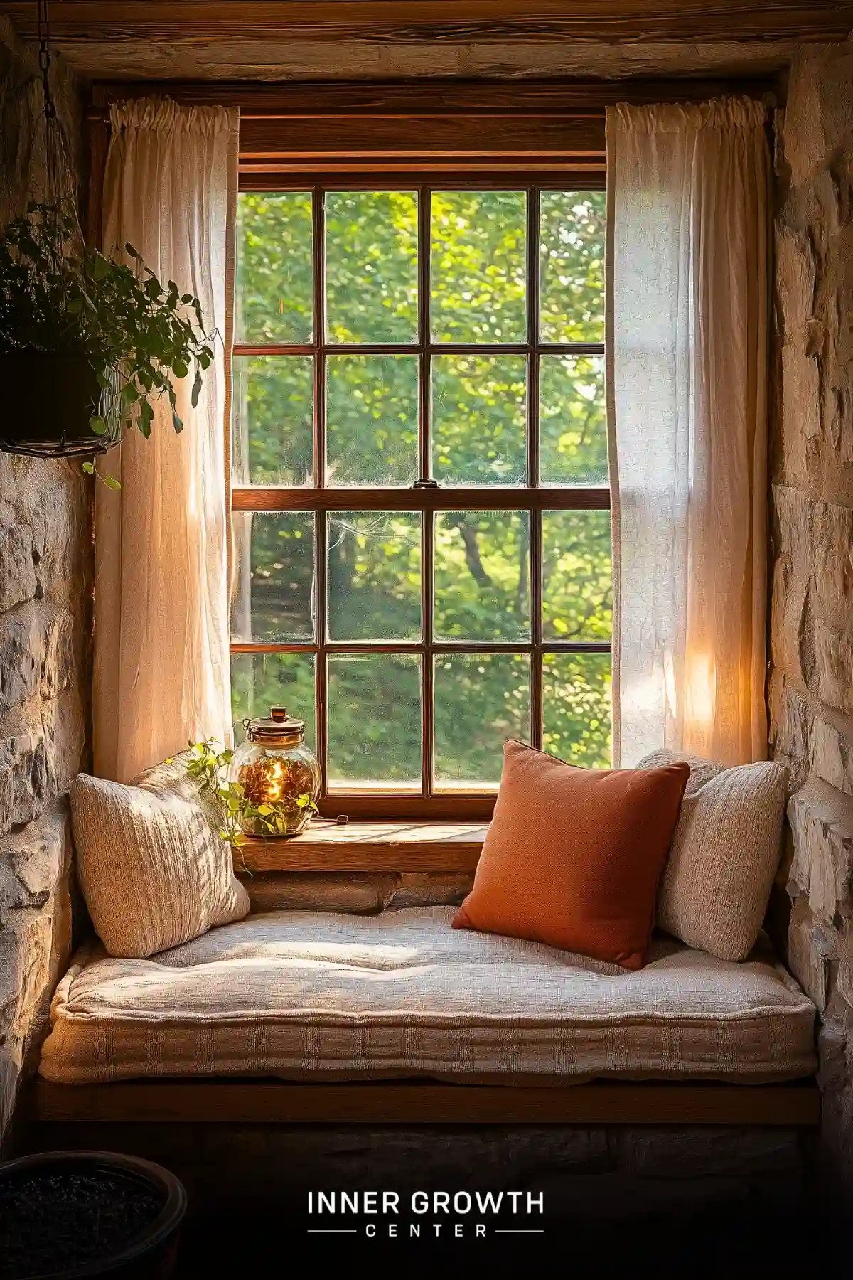 Cozy stone-walled window seat with cushions overlooking lush green forest.