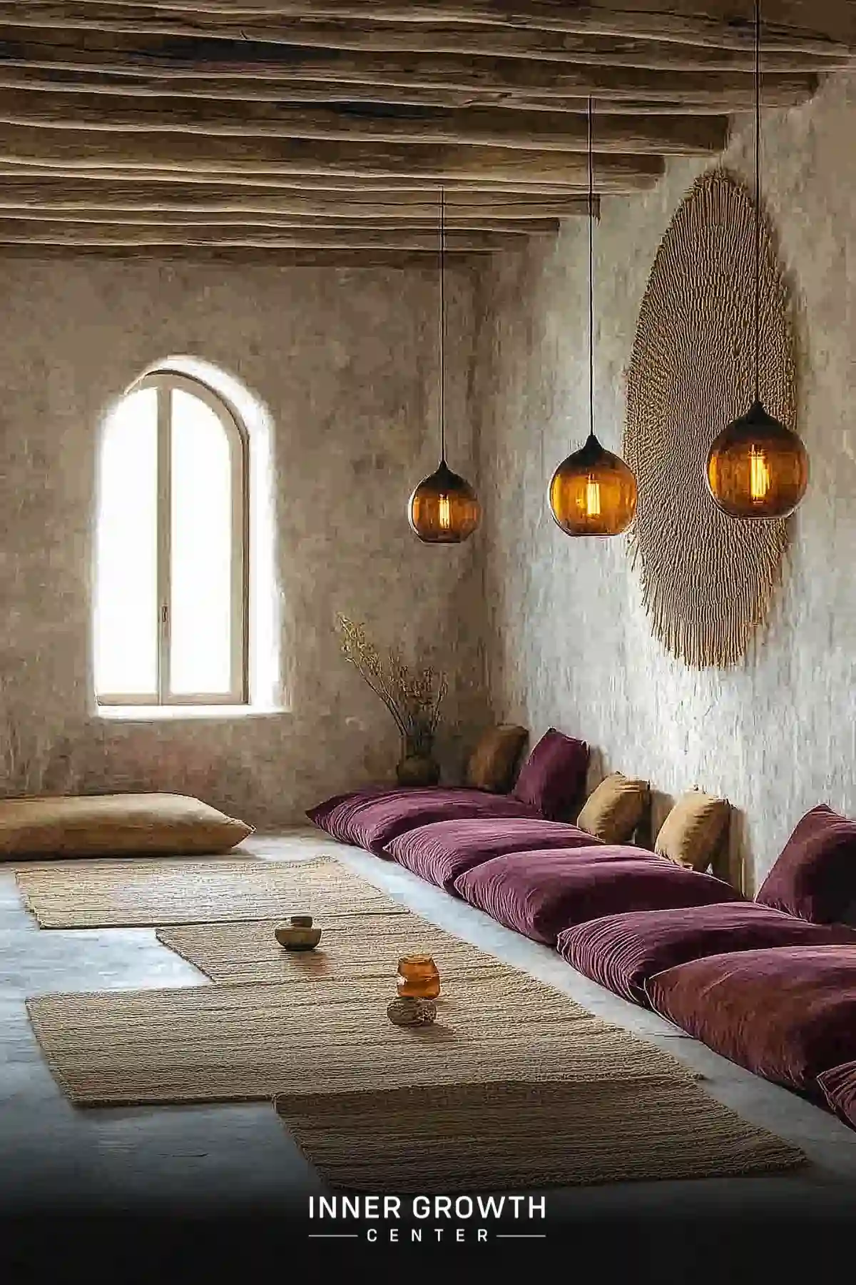 A serene meditation space with exposed wooden beams, arched window, hanging lights, and plush floor cushions.