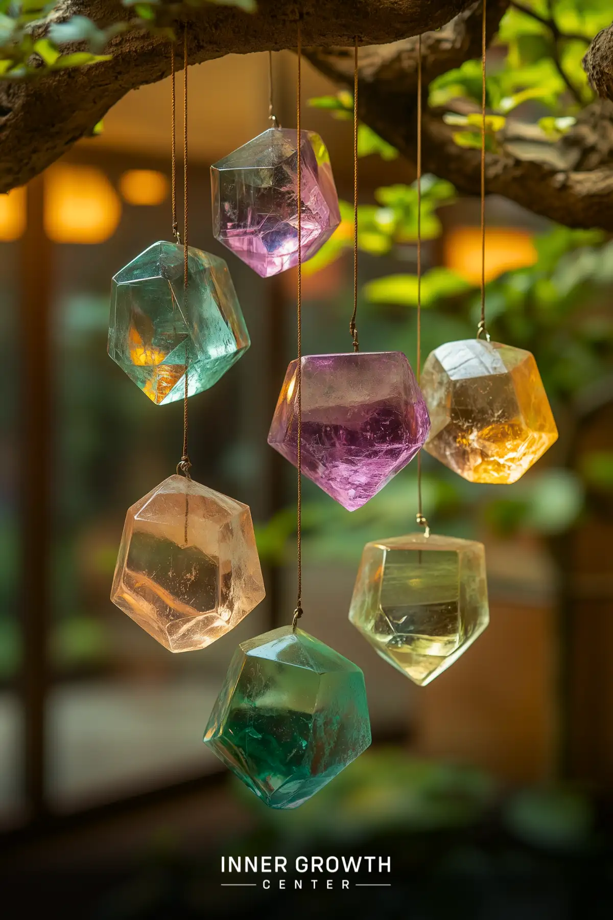 Translucent geometric crystals in purple, green, and amber tones hang from delicate chains, creating an ethereal suncatcher display