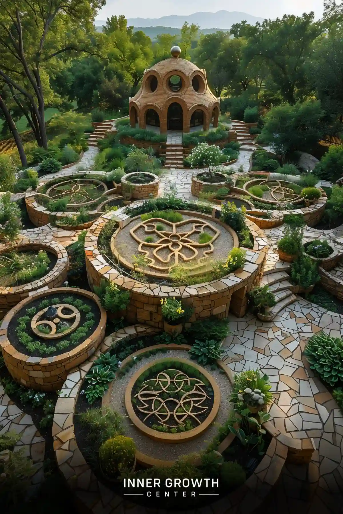 A circular garden with geometric patterns and a domed meditation structure surrounded by lush greenery and mountains.