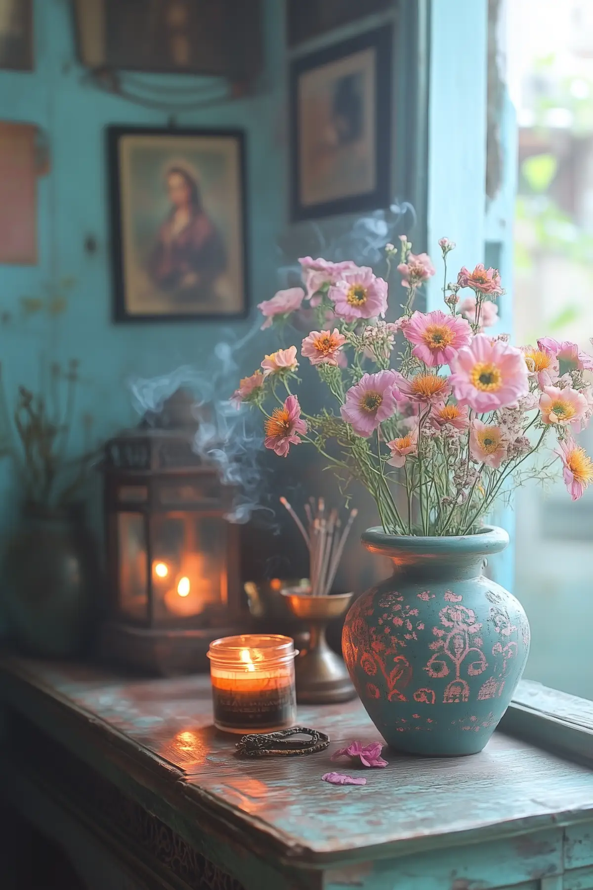 Windowsill altar with pink flowers in a teal vase, candles, and religious imagery creating a serene spiritual space.