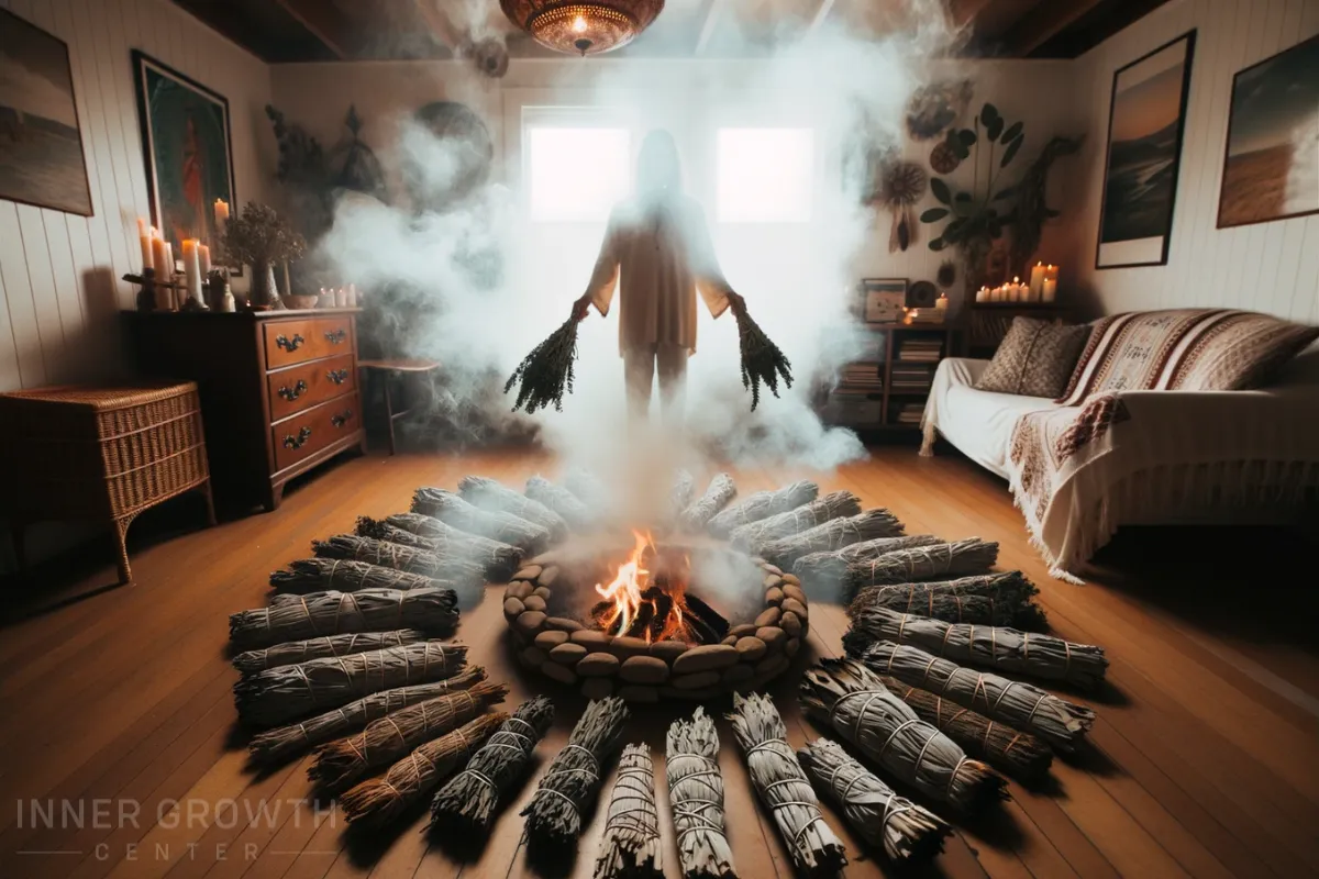 A woman standing in smoke performing sage smudging.