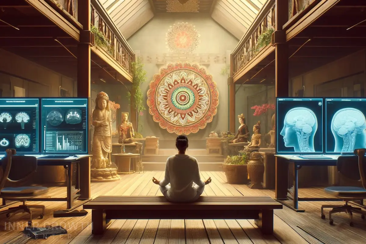 A woman meditates in an ancient room, with modern science screens and equipment.