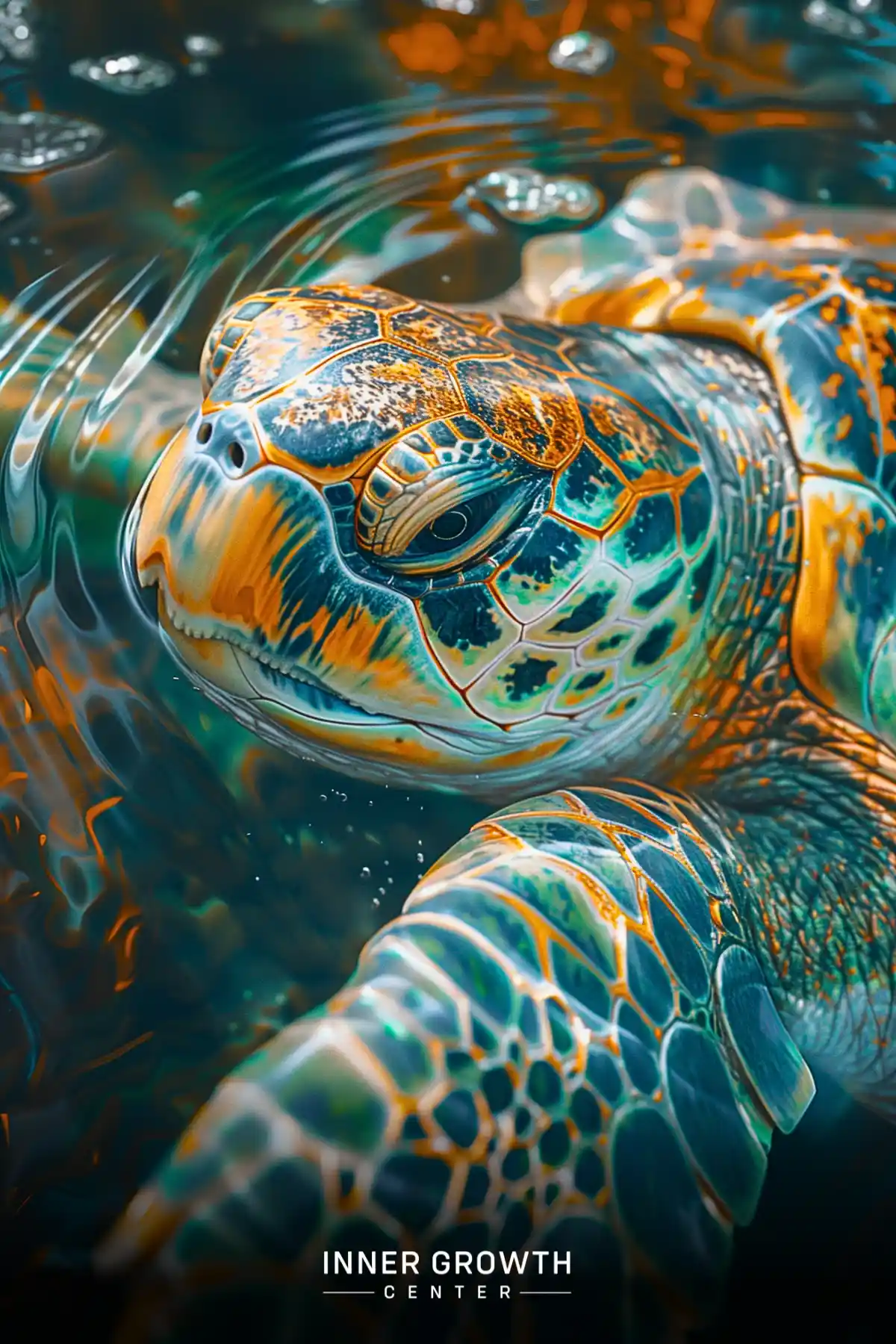 A vibrantly colored sea turtle swimming in clear water, its shell patterns shimmering.