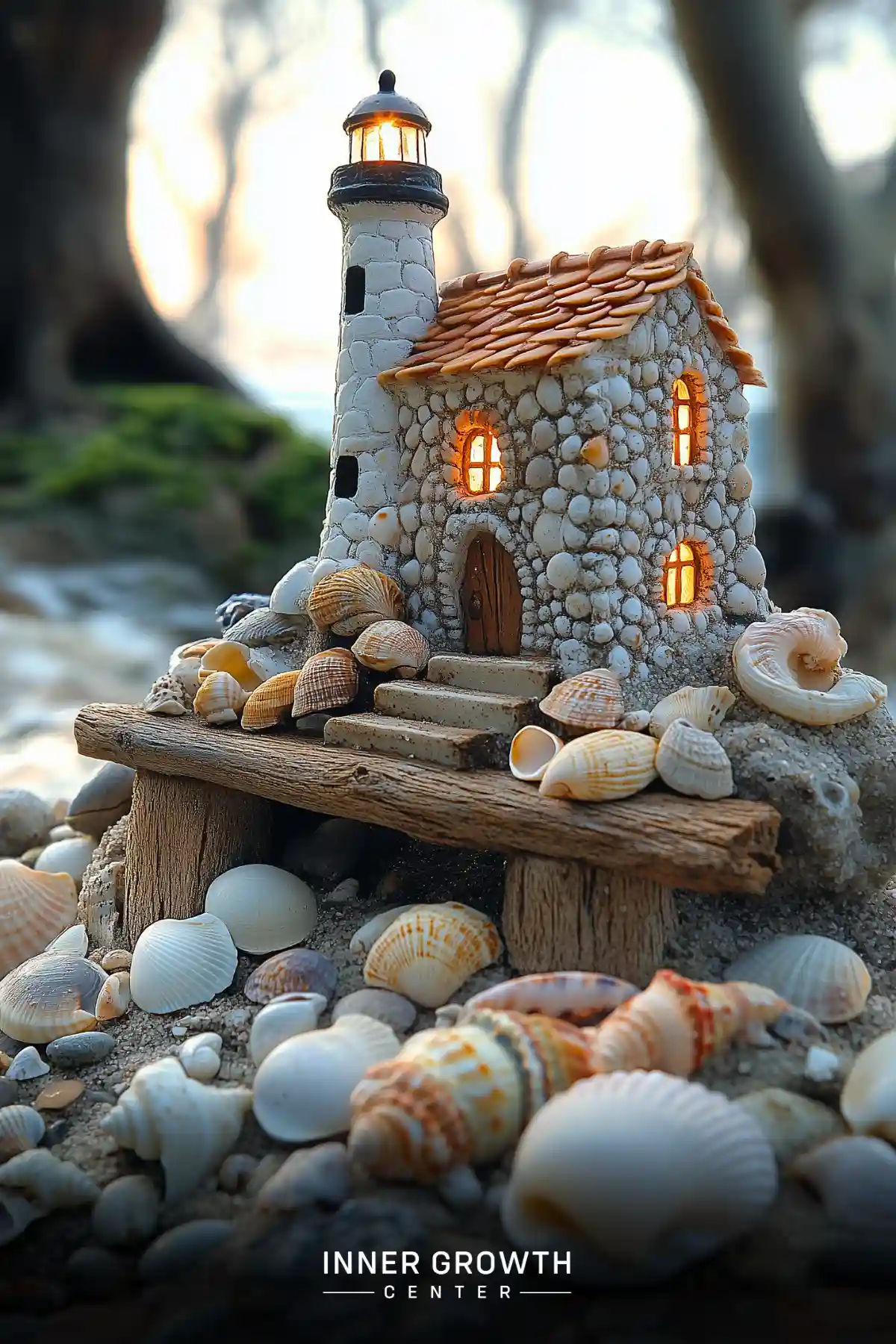 A miniature lighthouse and cottage built from white stones and seashells, illuminated from within, standing on a wooden pier surrounded by beach treasures.