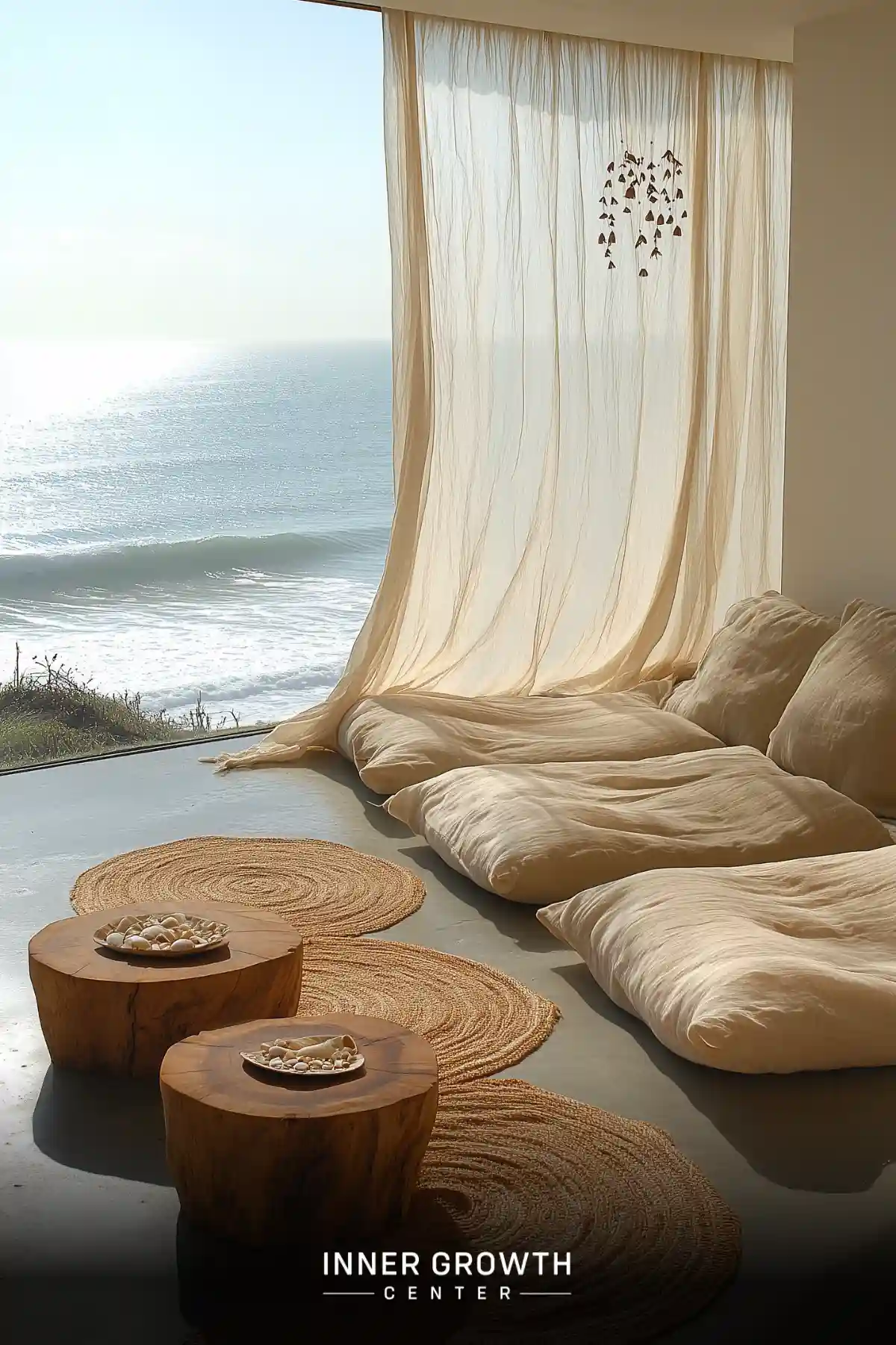 A serene meditation space with floor cushions overlooking the ocean through a large window.