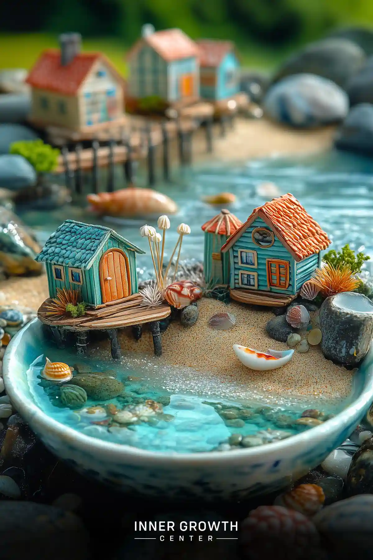 A miniature coastal scene crafted in a ceramic bowl featuring tiny turquoise houses on wooden piers with seashells and clear water.