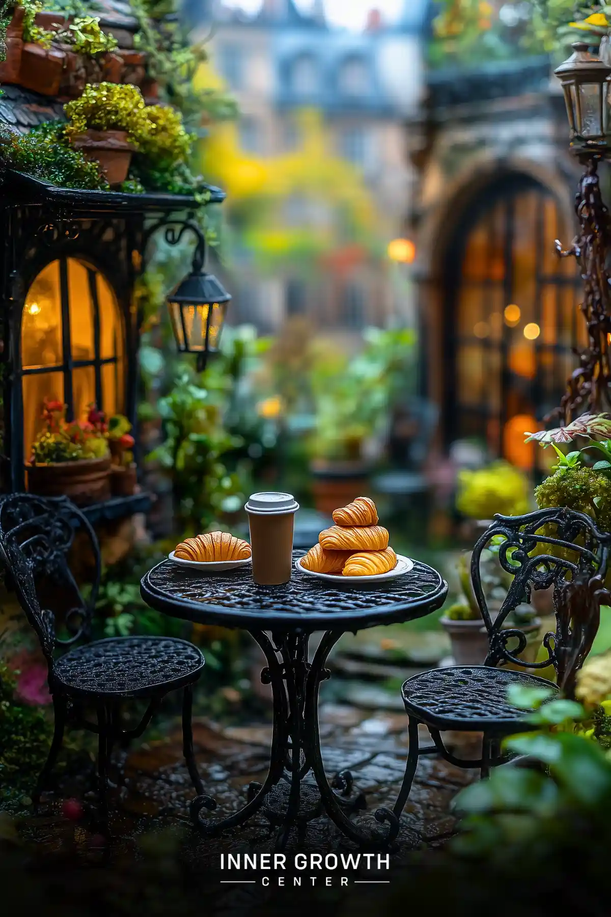 A miniature garden café scene with wrought iron furniture, fresh croissants, and coffee surrounded by glowing arched windows and potted plants.