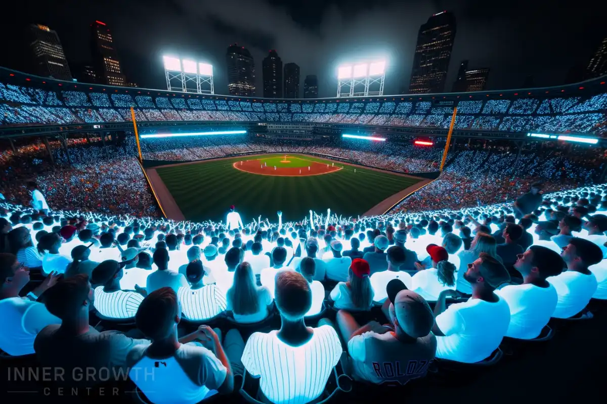 People glowing at a baseball game.