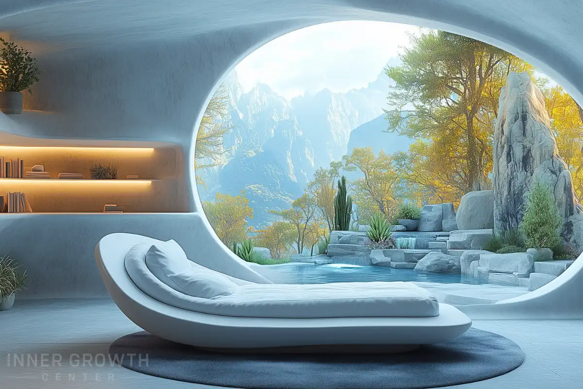 A modern urban meditation pod with curved white walls, skylight, and meditation chair with a view.