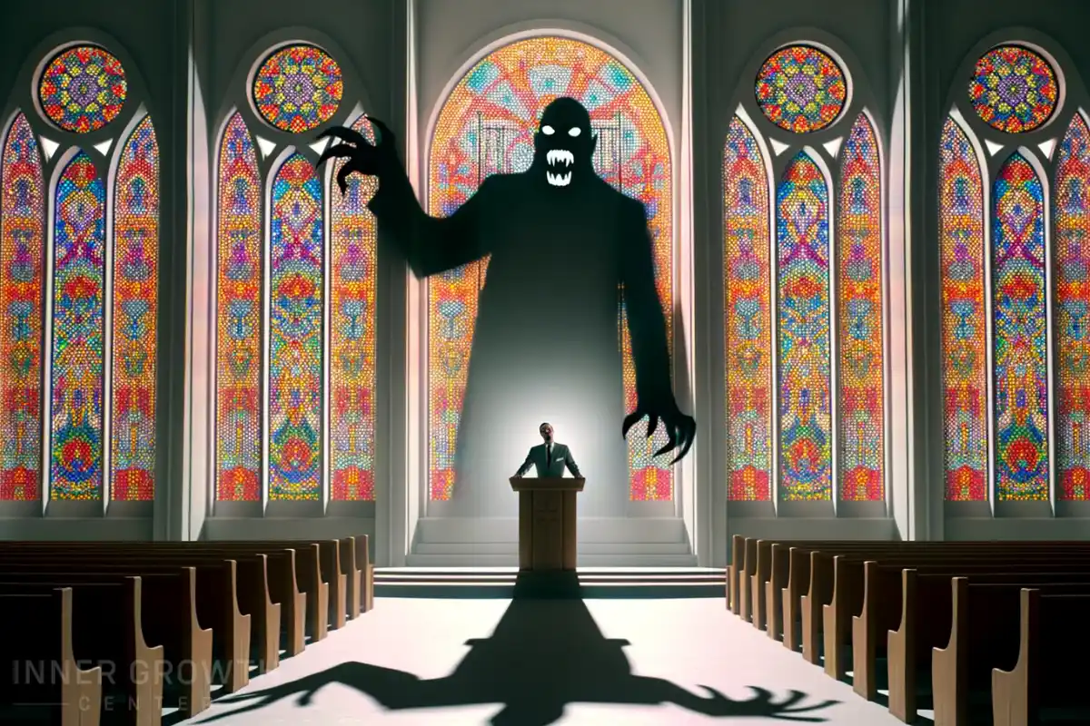 A man in a church with a evil shadow.