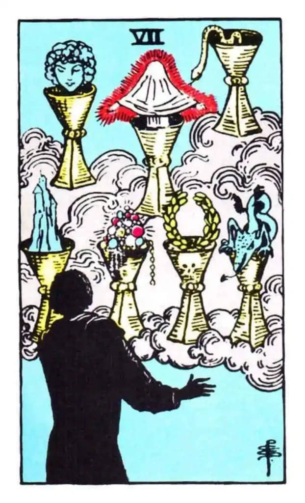 A man looks at a cloud of floating cups with different elements of desire as the seven of cups tarot card.