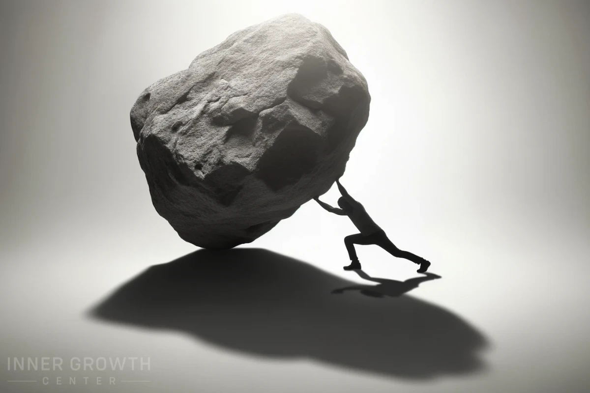 A man and his shadow lift a boulder.