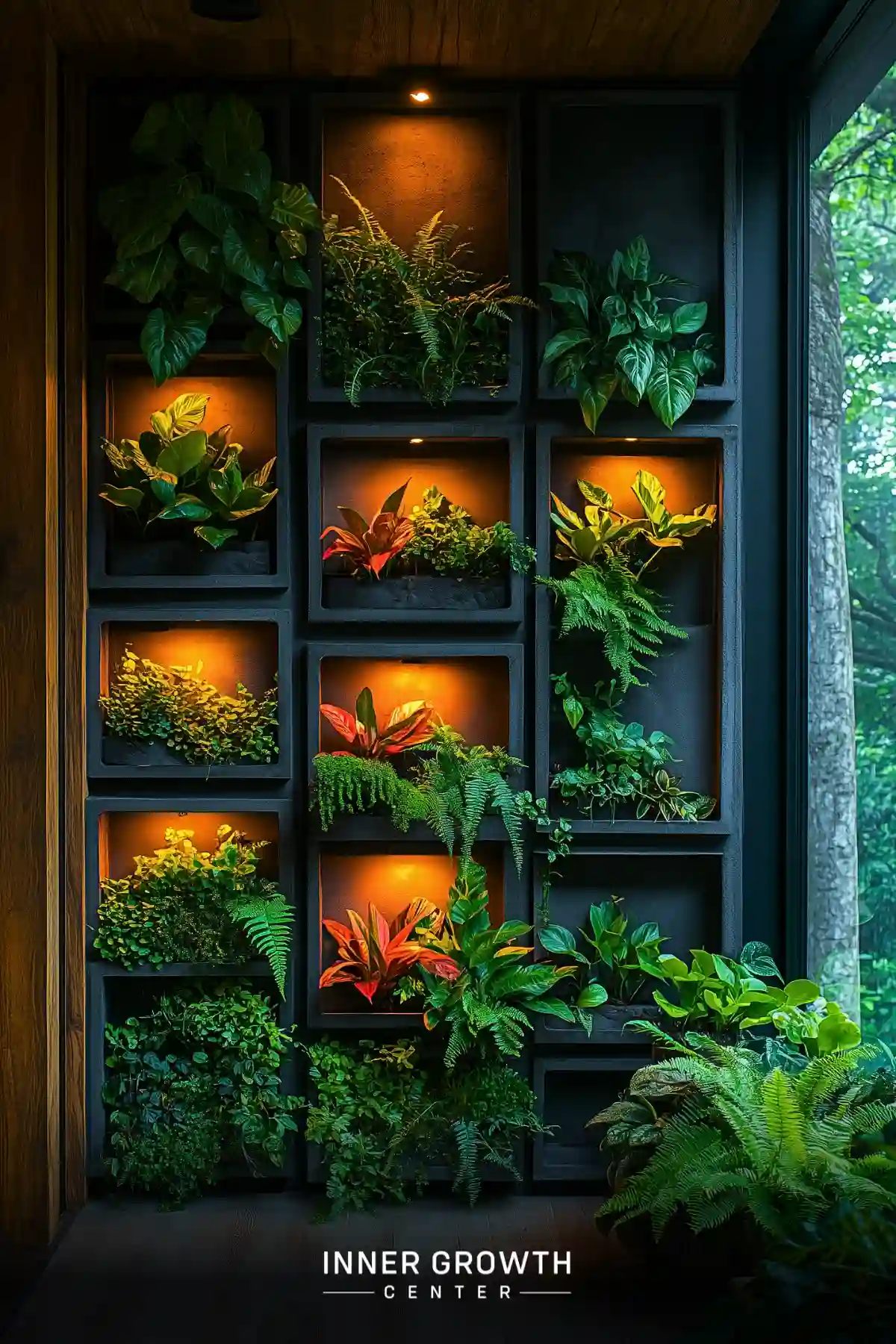 A modern grid-style living wall features illuminated black boxes filled with tropical plants and ferns, creating dramatic lighting effects against dark walls.