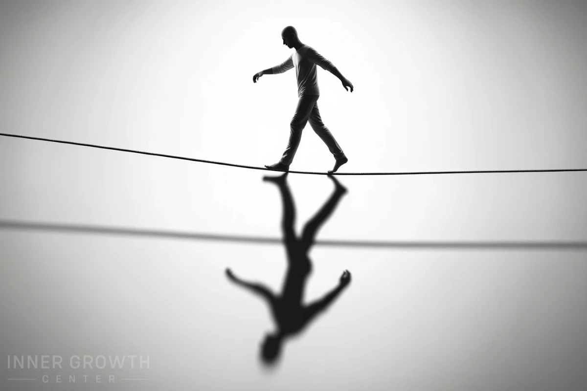 A man walks on a tightrope working with his shadow.