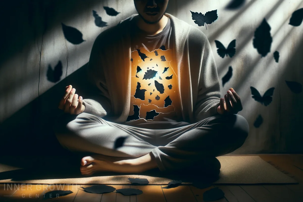 A man sits on the floor with a light coming from his chest symbolising the healing of shadow work.