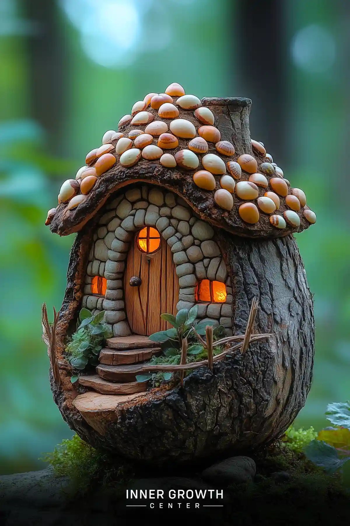 A miniature fairy house carved into a tree stump, featuring seashell roof tiles, stone archway, and glowing windows with wooden steps.