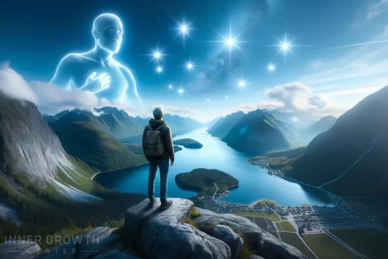 A man overlooks a lake with a spirit in the sky with stars showing the signs from the universe.